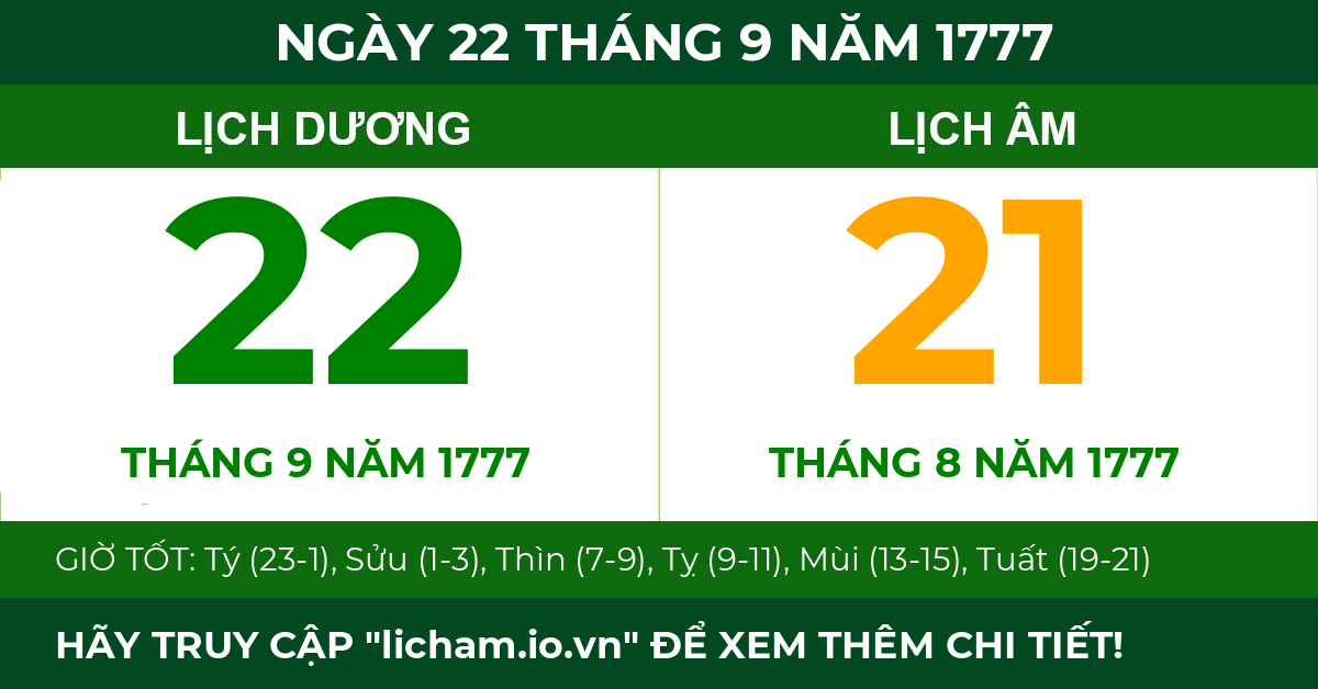 lịch âm ngày 22 tháng 9 năm 1777