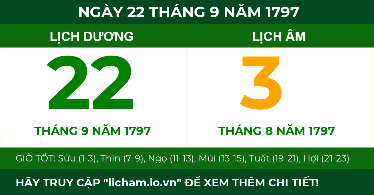 lịch âm ngày 22 tháng 9 năm 1797