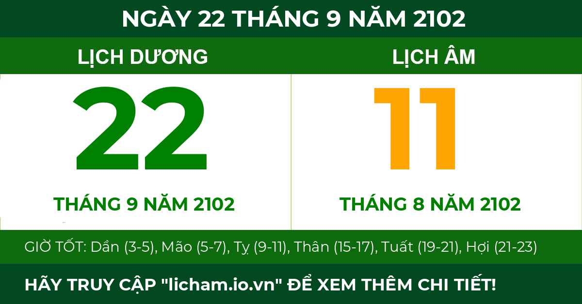 lịch âm ngày 22 tháng 9 năm 2102