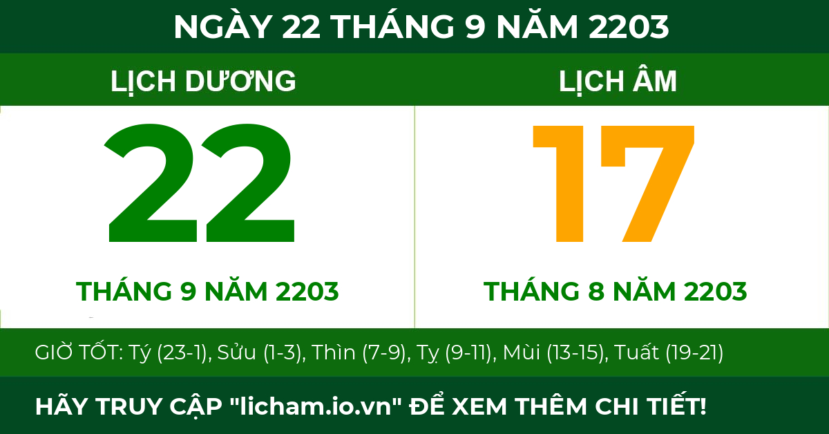 lịch âm ngày 22 tháng 9 năm 2203