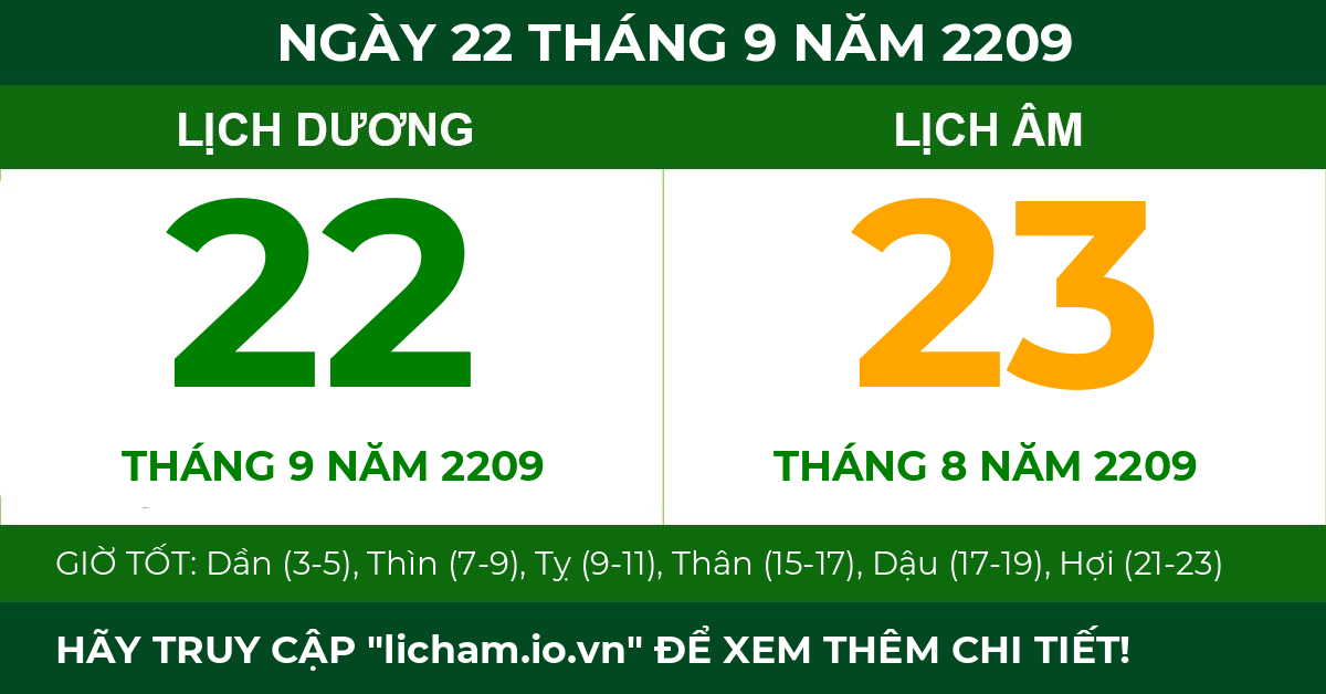 lịch âm ngày 22 tháng 9 năm 2209