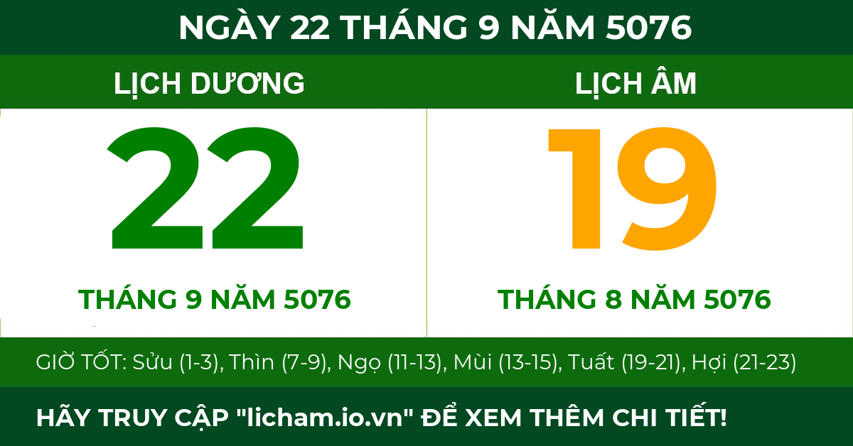 lịch âm ngày 22 tháng 9 năm 5076