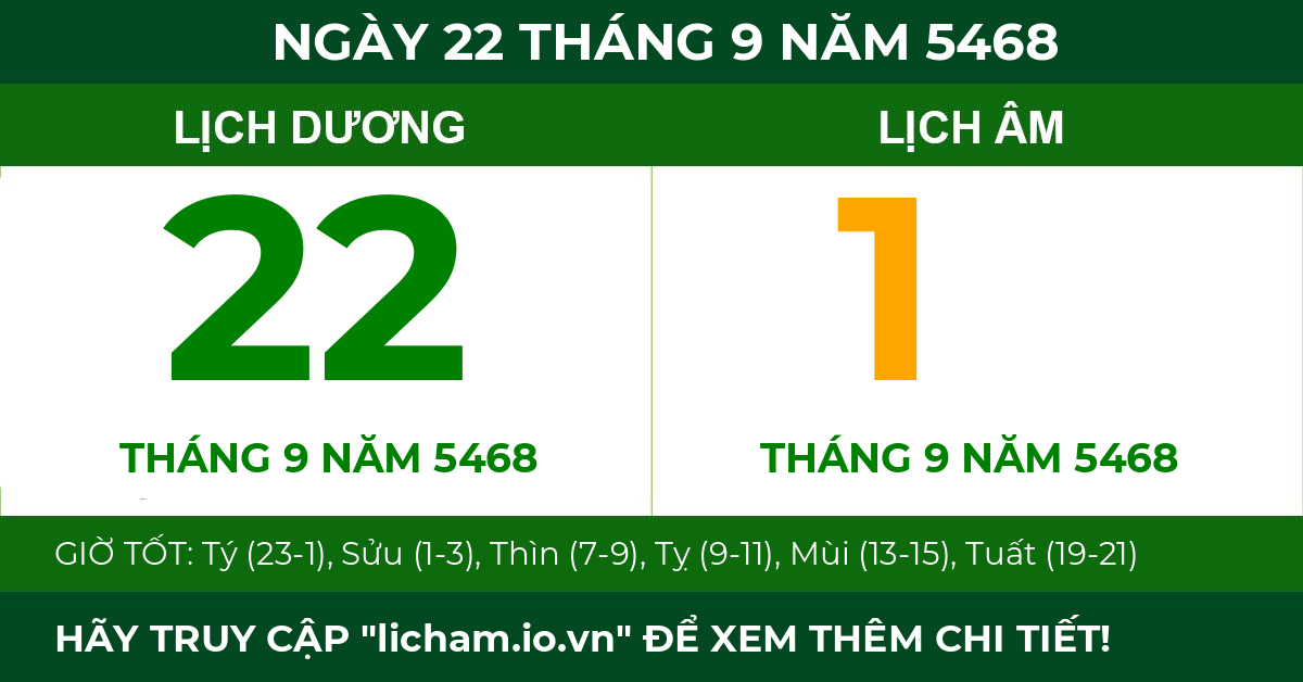 lịch âm ngày 22 tháng 9 năm 5468