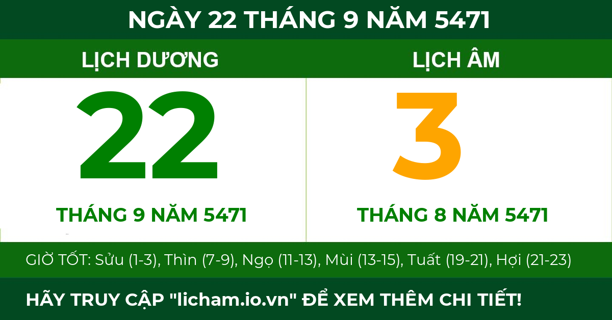 lịch âm ngày 22 tháng 9 năm 5471