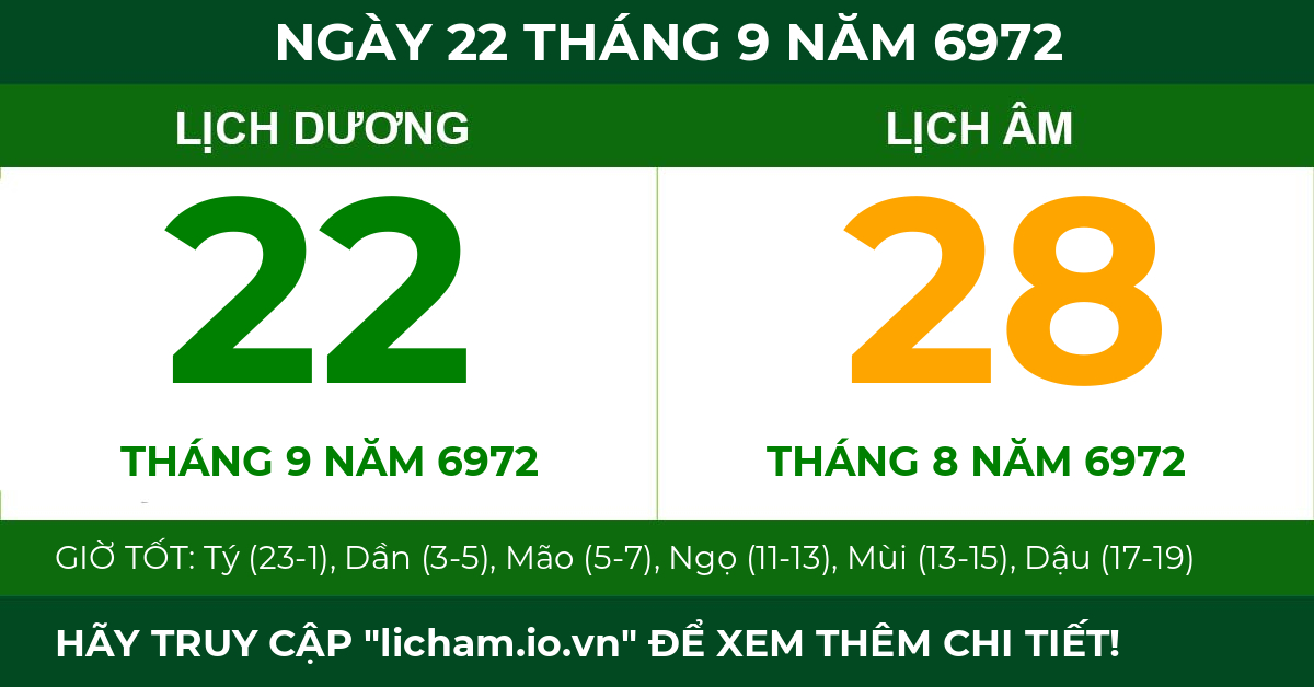 lịch âm ngày 22 tháng 9 năm 6972