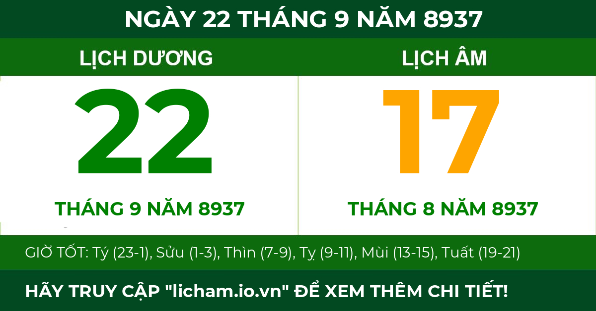 lịch âm ngày 22 tháng 9 năm 8937