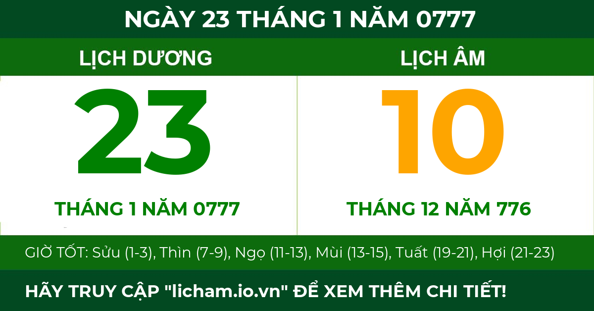 lịch âm ngày 23 tháng 1 năm 0777