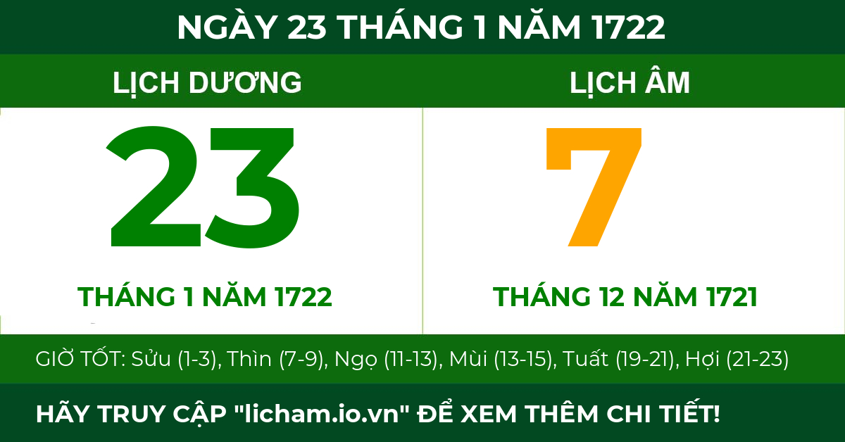 lịch âm ngày 23 tháng 1 năm 1722