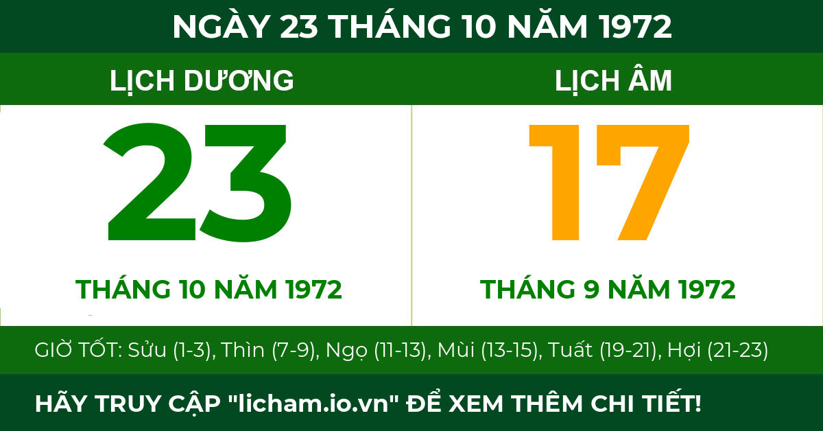 lịch âm ngày 23 tháng 10 năm 1972