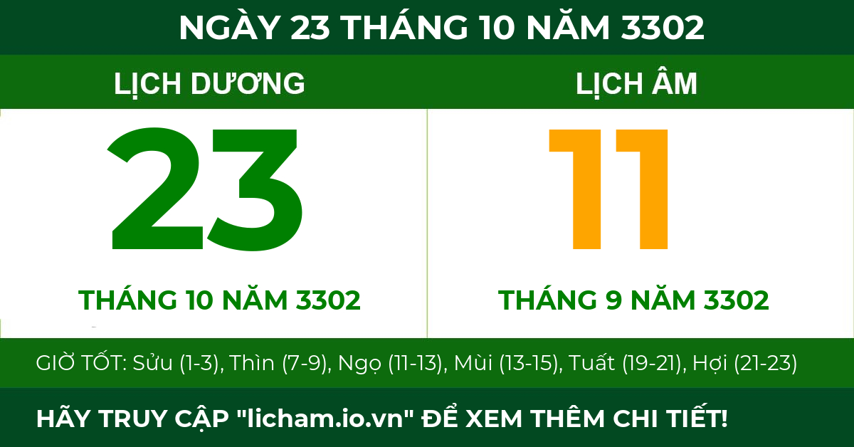 lịch âm ngày 23 tháng 10 năm 3302