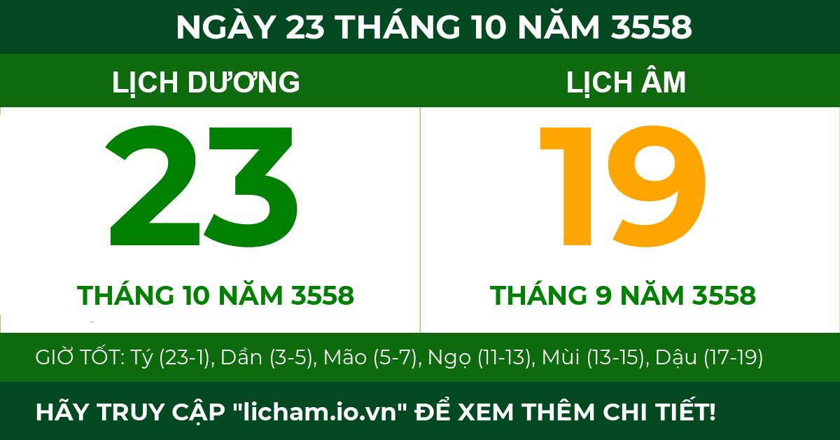 lịch âm ngày 23 tháng 10 năm 3558