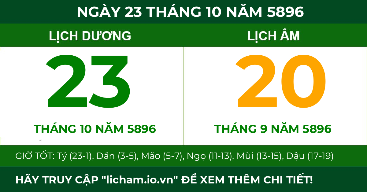 lịch âm ngày 23 tháng 10 năm 5896