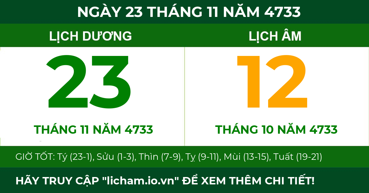 lịch âm ngày 23 tháng 11 năm 4733
