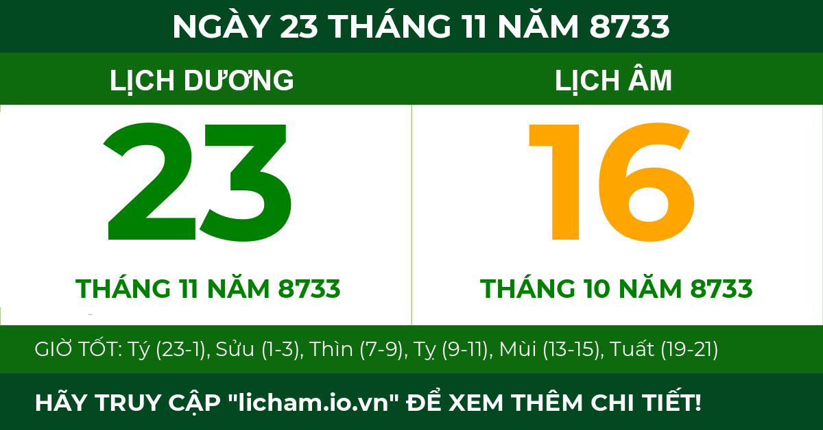 lịch âm ngày 23 tháng 11 năm 8733