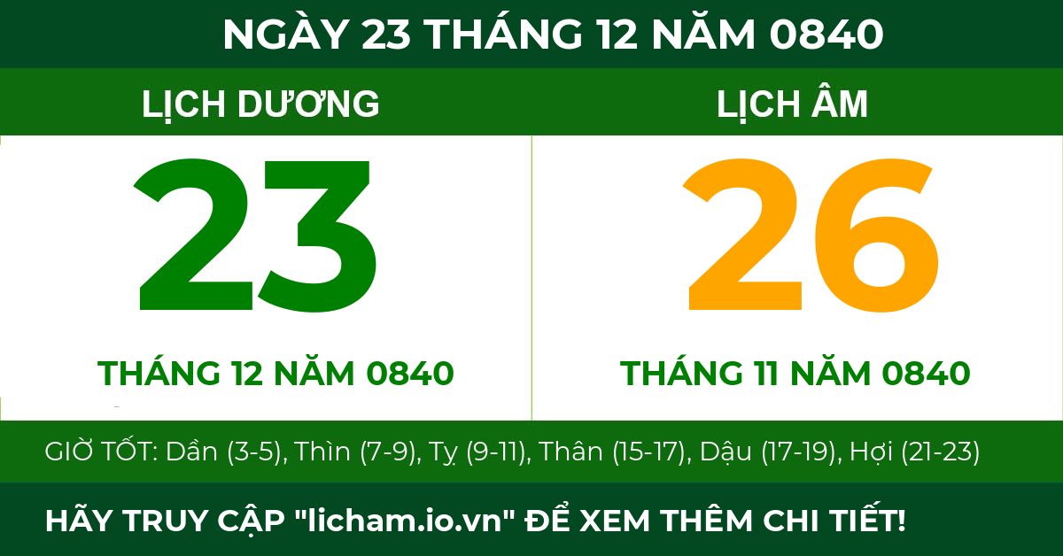 lịch âm ngày 23 tháng 12 năm 0840