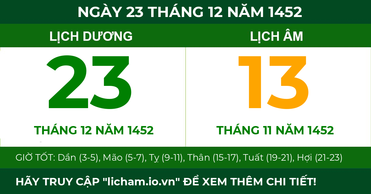 lịch âm ngày 23 tháng 12 năm 1452