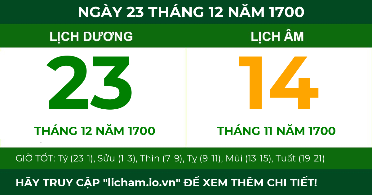 lịch âm ngày 23 tháng 12 năm 1700