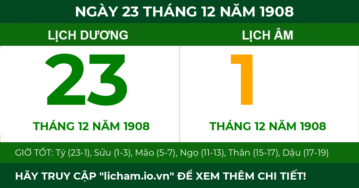 lịch âm ngày 23 tháng 12 năm 1908
