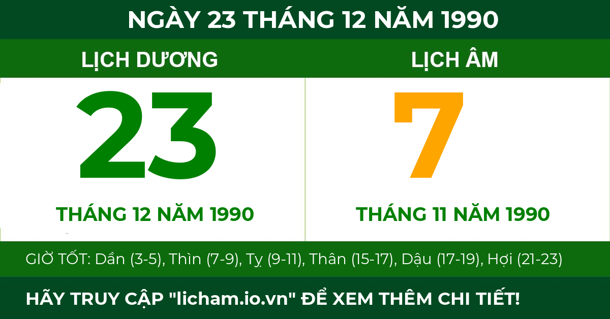 lịch âm ngày 23 tháng 12 năm 1990
