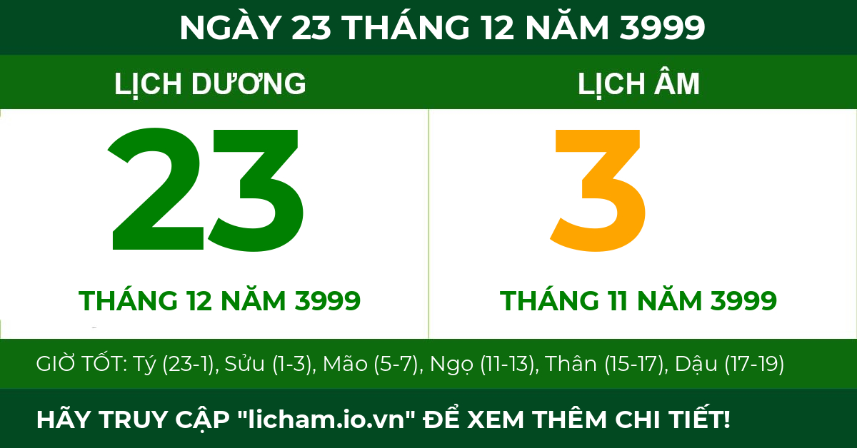lịch âm ngày 23 tháng 12 năm 3999