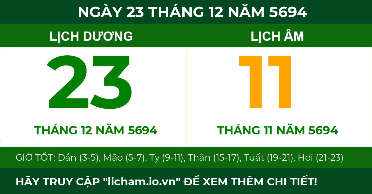 lịch âm ngày 23 tháng 12 năm 5694