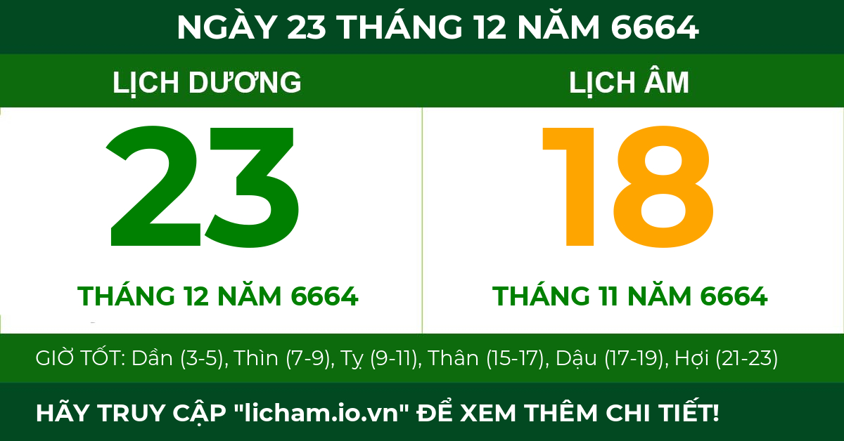 lịch âm ngày 23 tháng 12 năm 6664