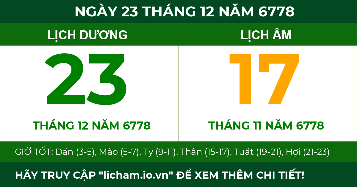 lịch âm ngày 23 tháng 12 năm 6778