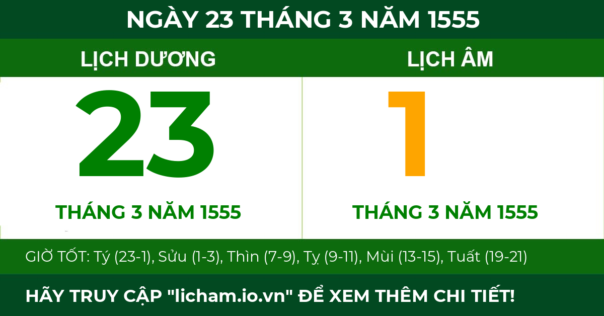 lịch âm ngày 23 tháng 3 năm 1555