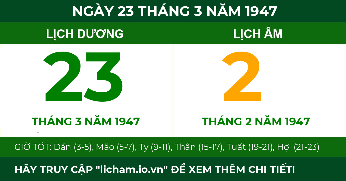 lịch âm ngày 23 tháng 3 năm 1947