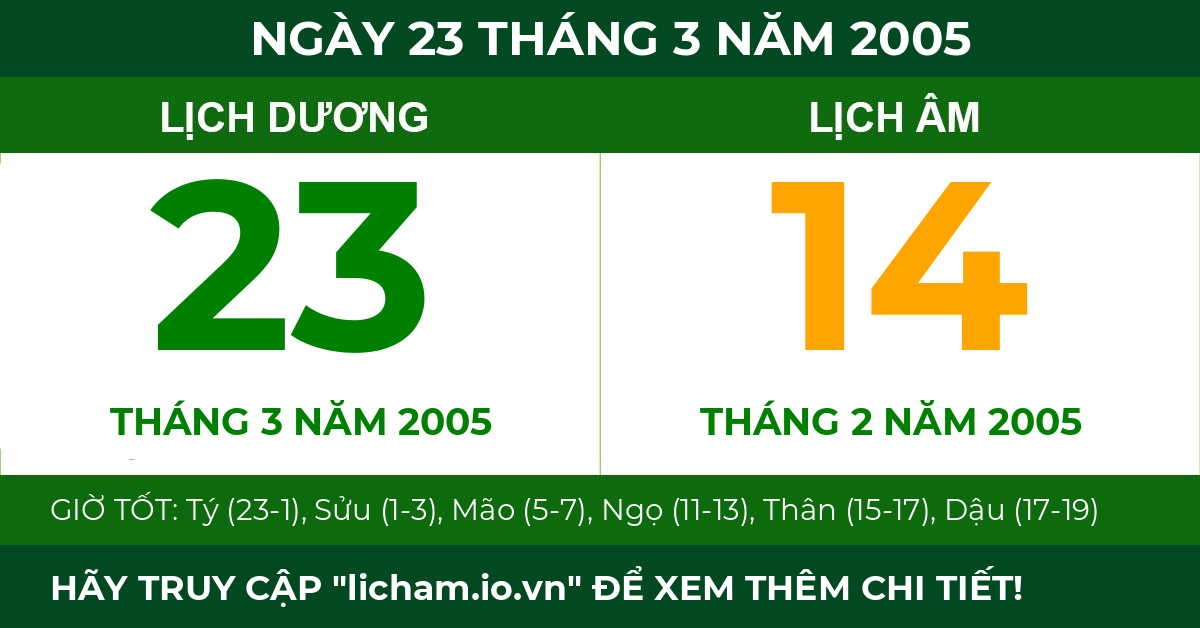 lịch âm ngày 23 tháng 3 năm 2005