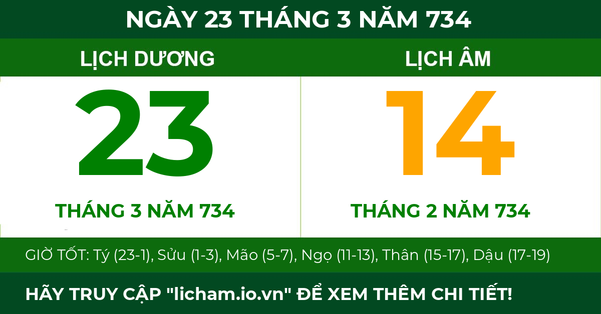 lịch âm ngày 23 tháng 3 năm 734