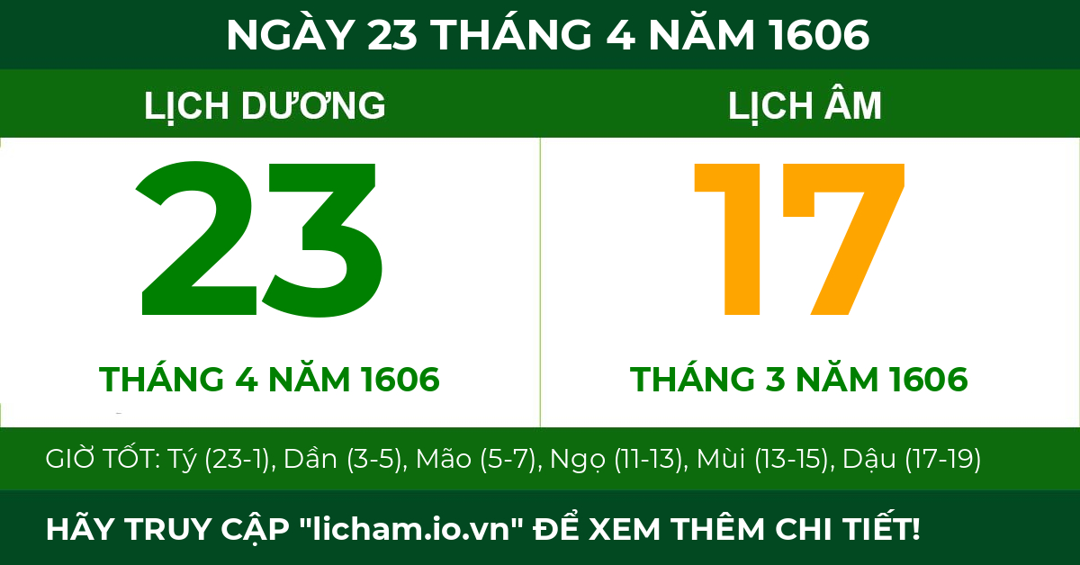 lịch âm ngày 23 tháng 4 năm 1606
