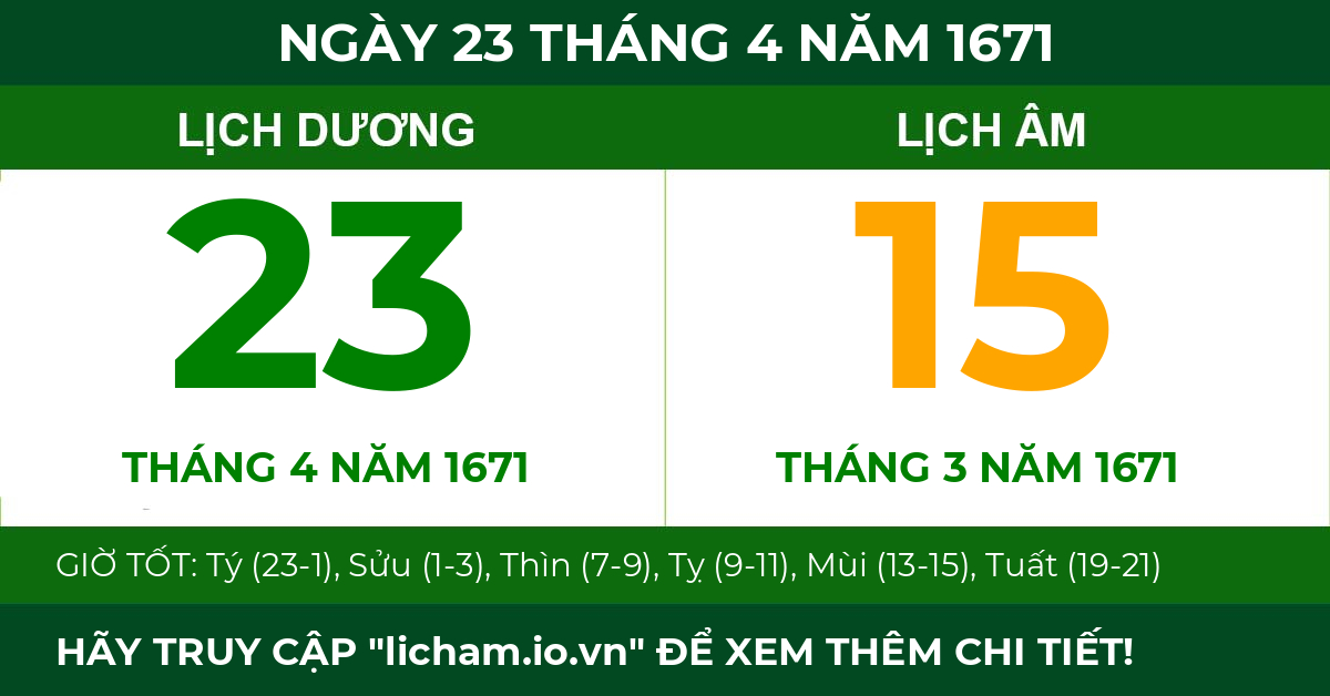 lịch âm ngày 23 tháng 4 năm 1671