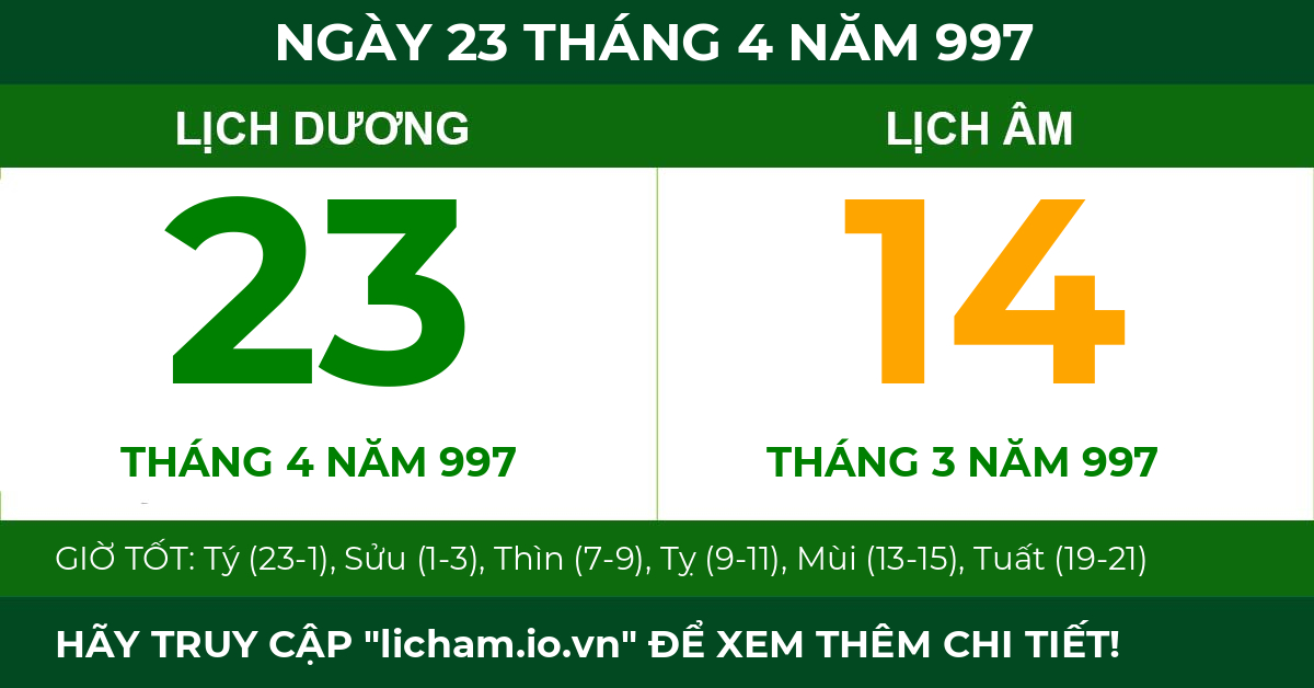 lịch âm ngày 23 tháng 4 năm 997