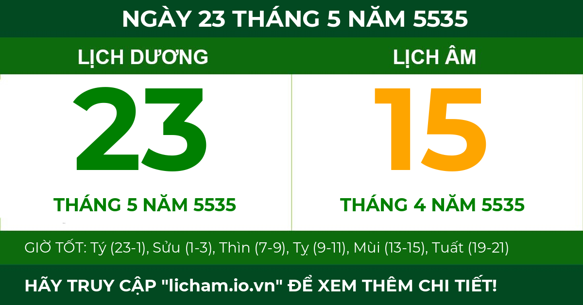 lịch âm ngày 23 tháng 5 năm 5535
