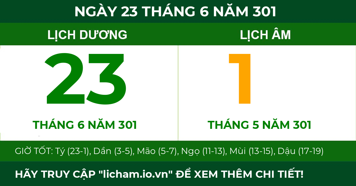 lịch âm ngày 23 tháng 6 năm 301