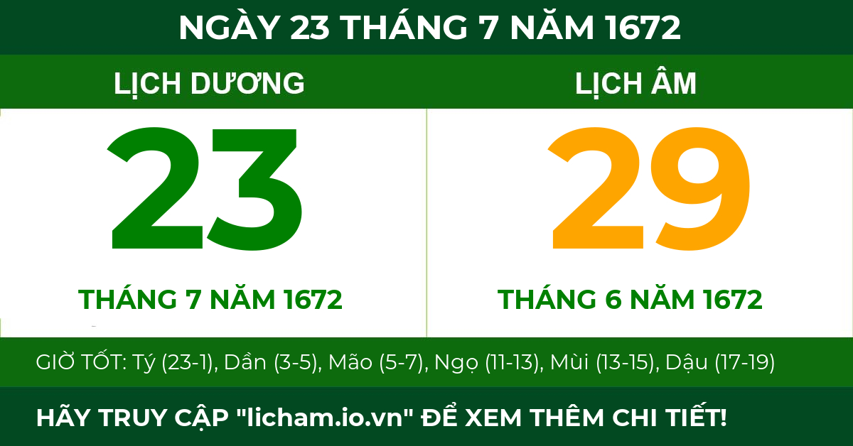 lịch âm ngày 23 tháng 7 năm 1672