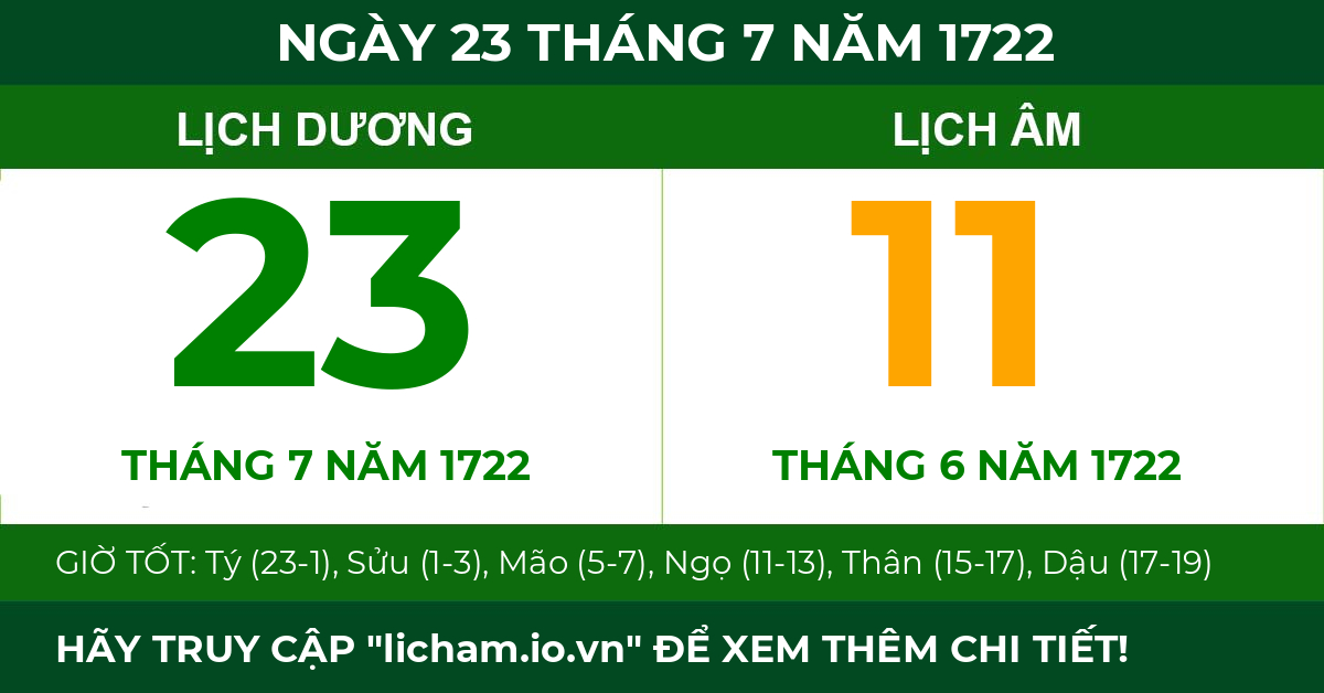 lịch âm ngày 23 tháng 7 năm 1722