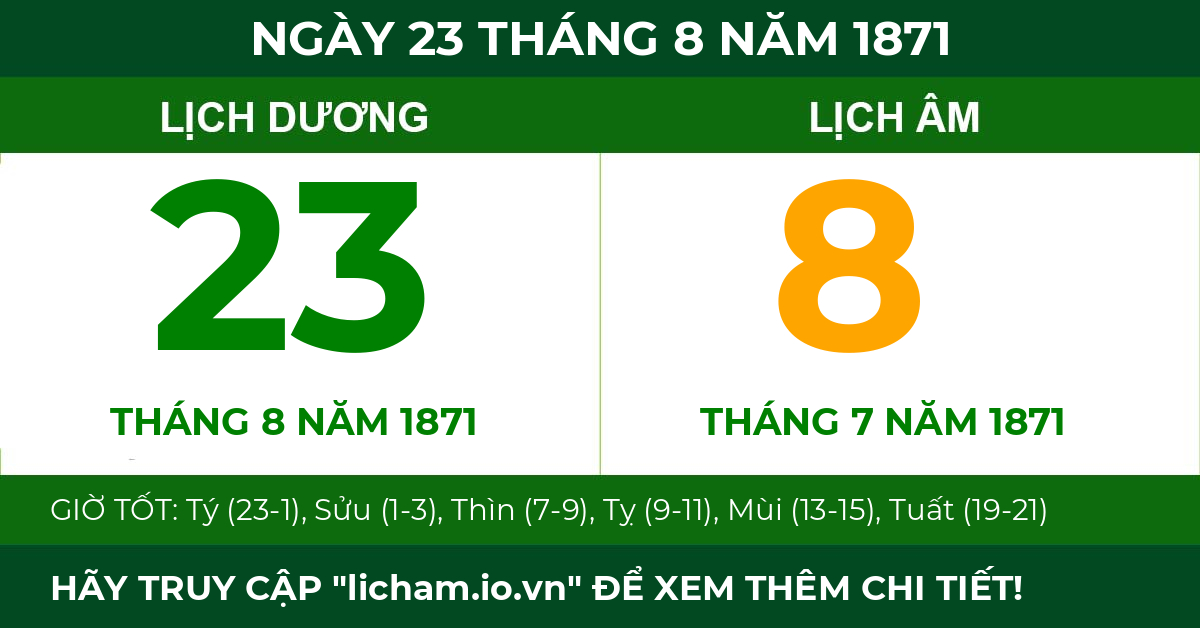 lịch âm ngày 23 tháng 8 năm 1871