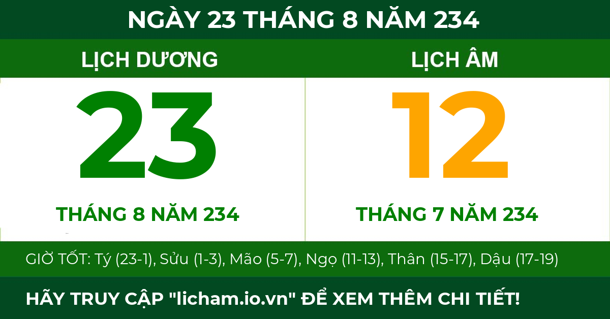 lịch âm ngày 23 tháng 8 năm 234