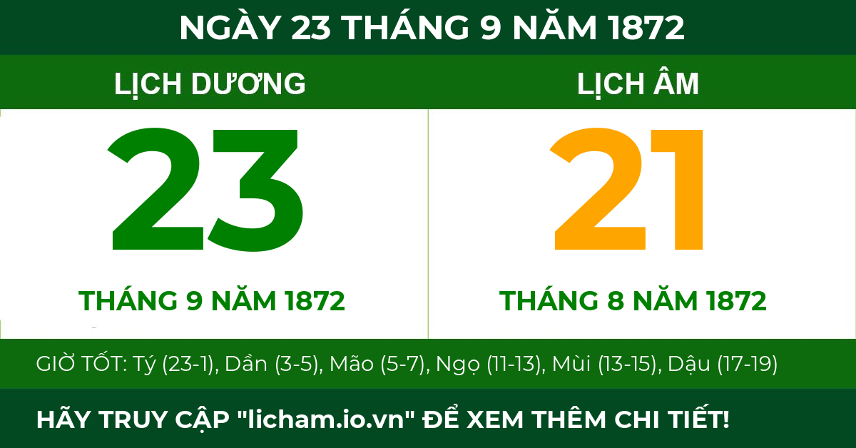 lịch âm ngày 23 tháng 9 năm 1872
