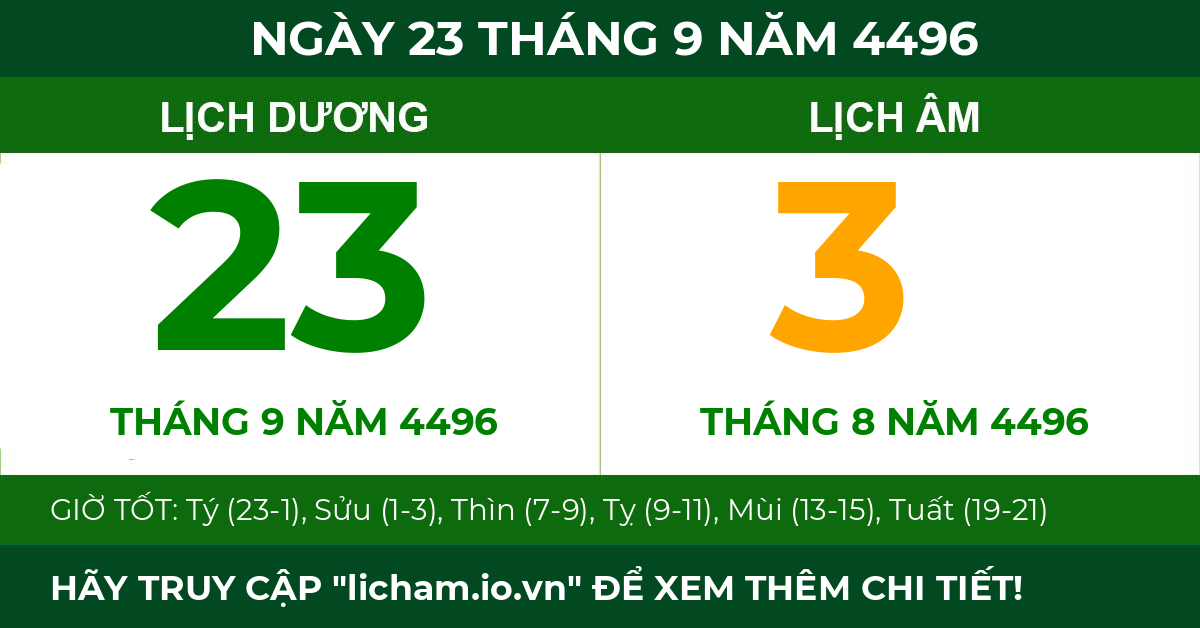 lịch âm ngày 23 tháng 9 năm 4496