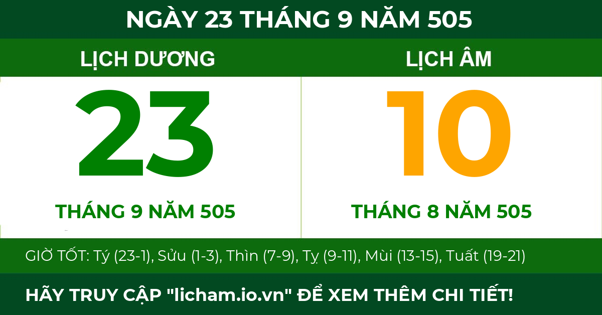 lịch âm ngày 23 tháng 9 năm 505