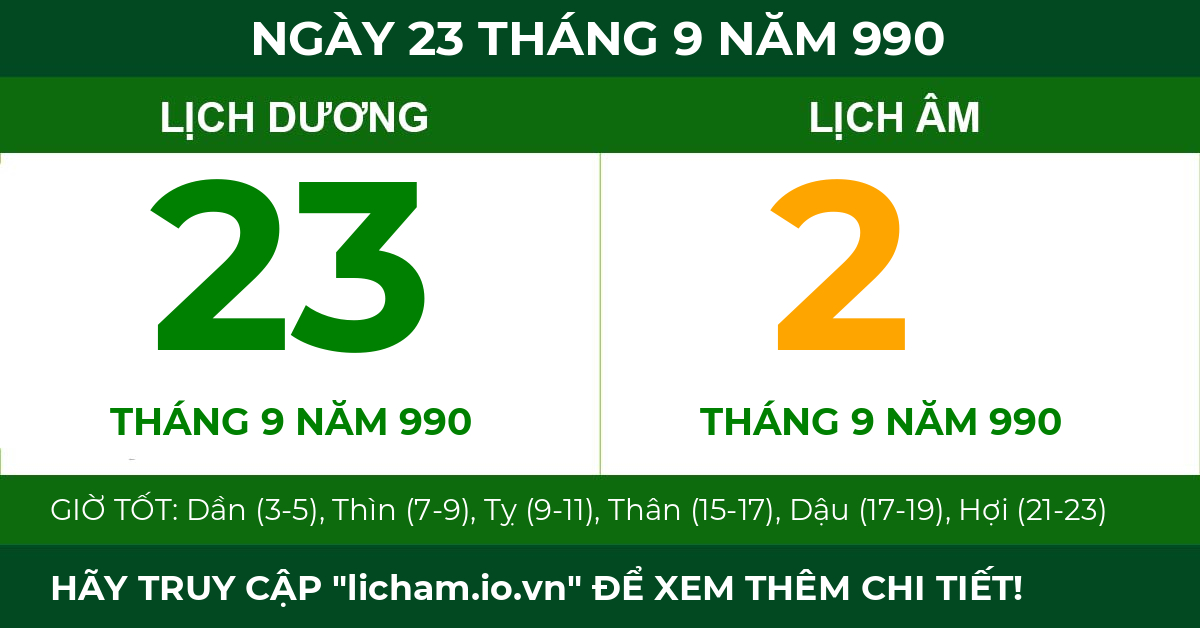 lịch âm ngày 23 tháng 9 năm 990
