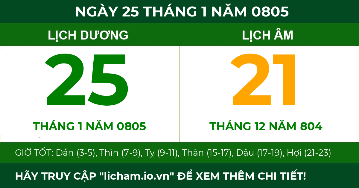 lịch âm ngày 25 tháng 1 năm 0805