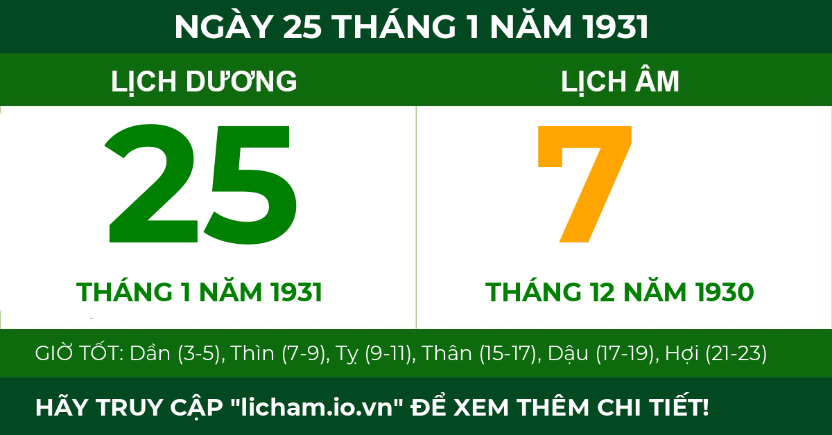 lịch âm ngày 25 tháng 1 năm 1931