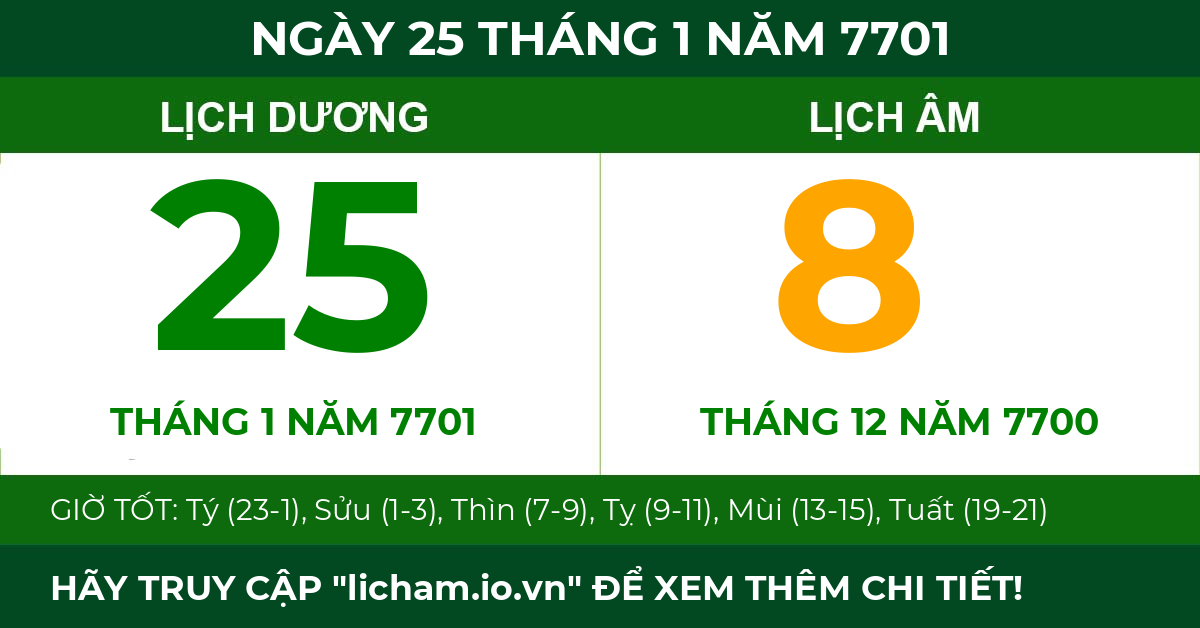 lịch âm ngày 25 tháng 1 năm 7701