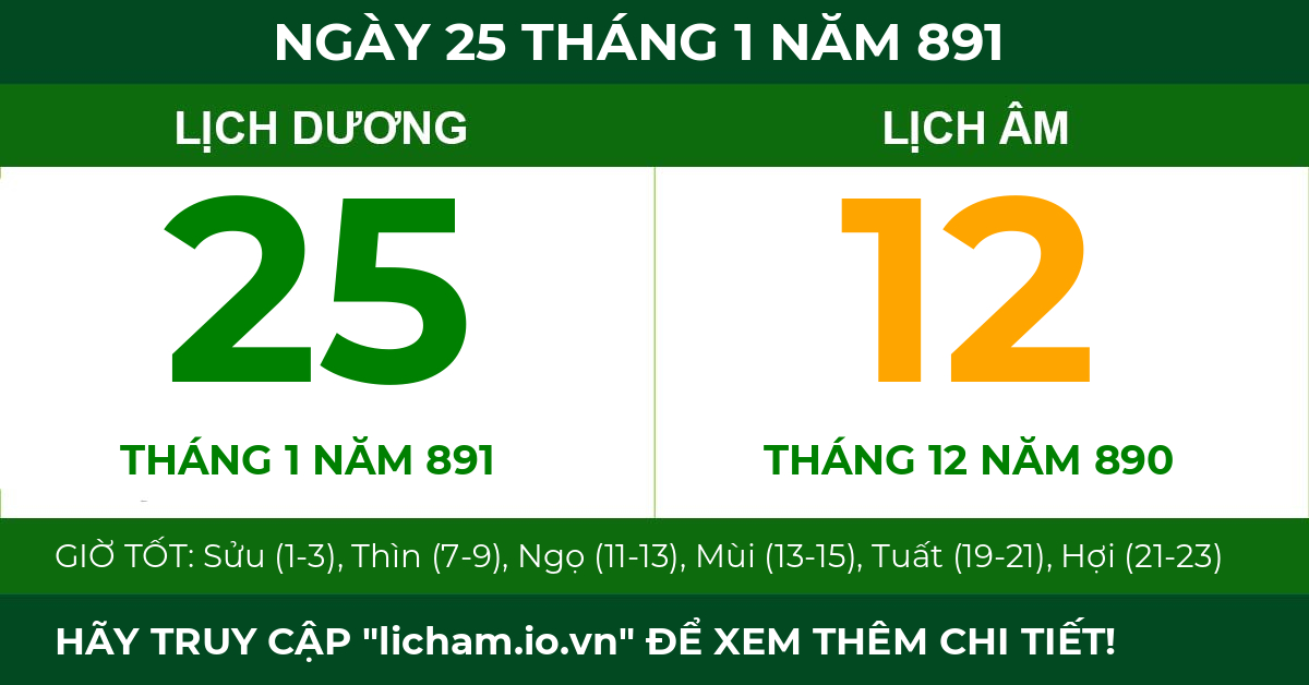 lịch âm ngày 25 tháng 1 năm 891