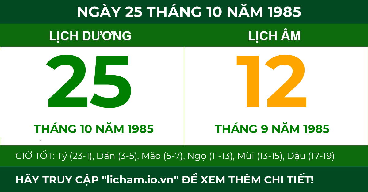 lịch âm ngày 25 tháng 10 năm 1985