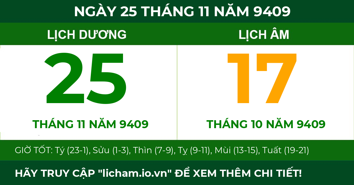 lịch âm ngày 25 tháng 11 năm 9409